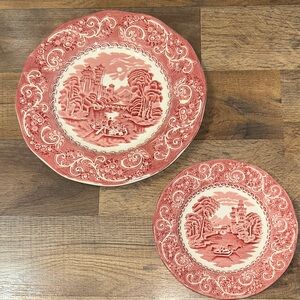 Vintage Canterbury River scene 10 & 7 inch Red Scenic Made in. England Set